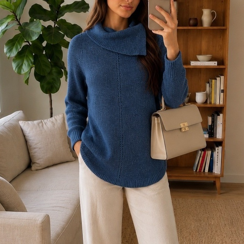 Talbots Womens Sweater Size M Blue Asymmetrical Cowl Neck Ribbed Tunic Classic